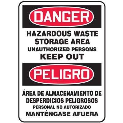  Bilingual Safety Sign - DANGER - HAZARDOUS WASTE STORAGE AREA...