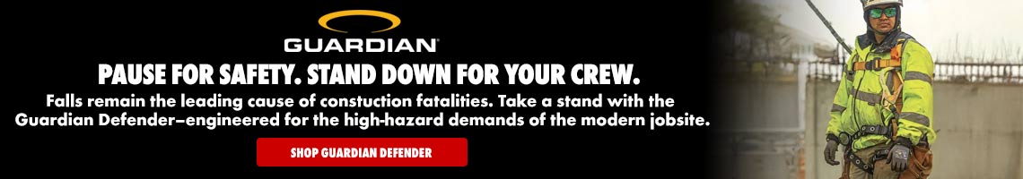 Guardian. PAUSE FOR SAFETY. STAND DOWN FOR YOUR CREW. Falls remain the leading cause of constuction fatalities. Take a stand with the Guardian Defender-engineered for the high-hazard demands of the modern. Click here to Shop Guardian Defender