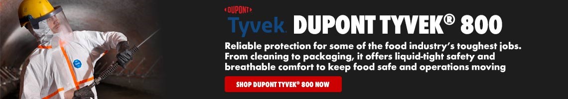 DuPont Tyvek® 800. Reliable protection for some of the food industry’s toughest jobs.  From cleaning to packaging, it offers liquid-tight safety and  breathable comfort to keep food safe and operations moving. Click here to shop now!